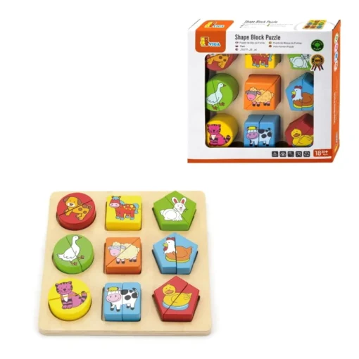 59585 VIGA drvena slagalica kocke FARMA / 2u1 igra pogodi oblik